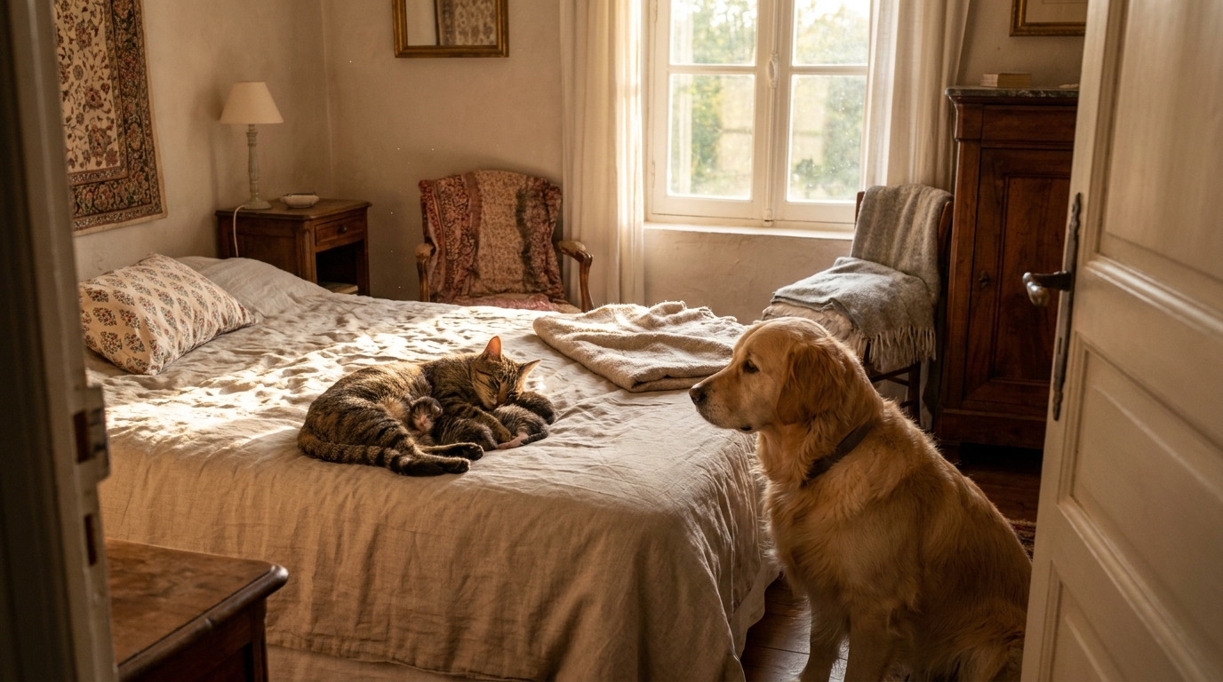 Un Golden Retriever assis en gardien bienveillant à côté d'un lit où une chatte et ses chatons nouveau-nés dorment.