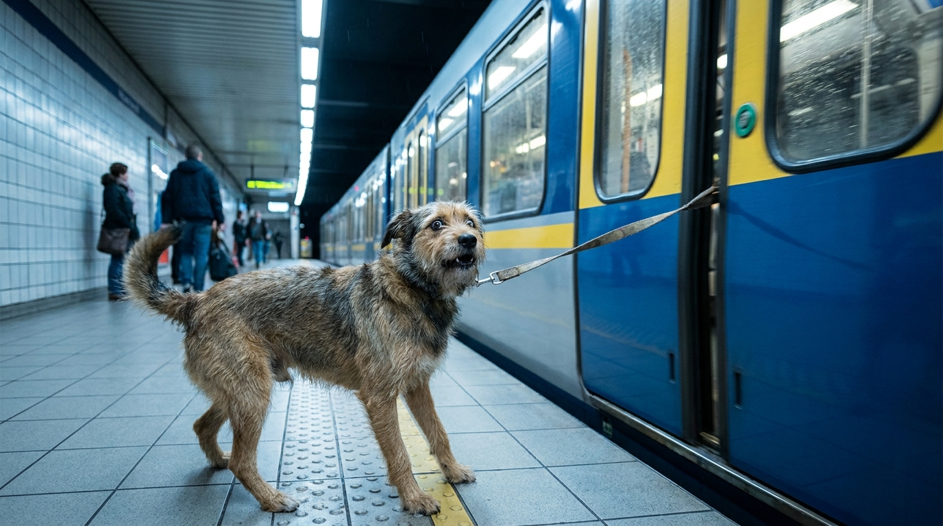 Un chien regarde avec anxiété un métro qui quitte le quai, sa laisse est dangereusement tendue vers la porte fermée de la rame.