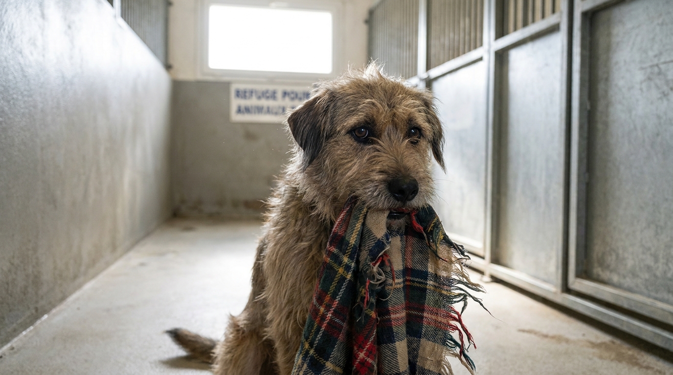 Un chien au regard triste dans un refuge, tenant délicatement une couverture usée dans sa gueule, symbole d'un rituel touchant.