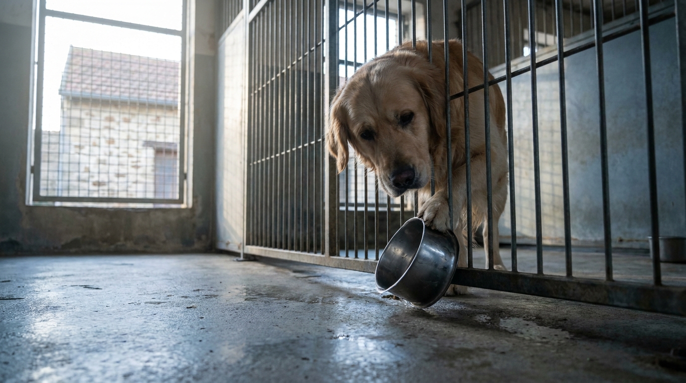 Un Golden Retriever au regard mélancolique dans son box de refuge, poussant délicatement sa gamelle en métal contre les barreaux.