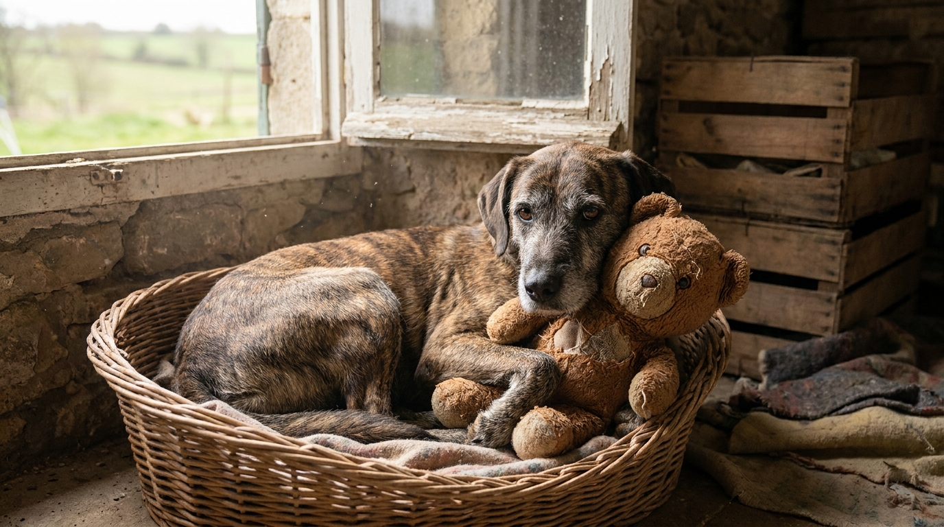 Un chien de type croisé au regard mélancolique, couché sur une couverture dans un refuge, serrant un vieil ours en peluche usé contre lui.