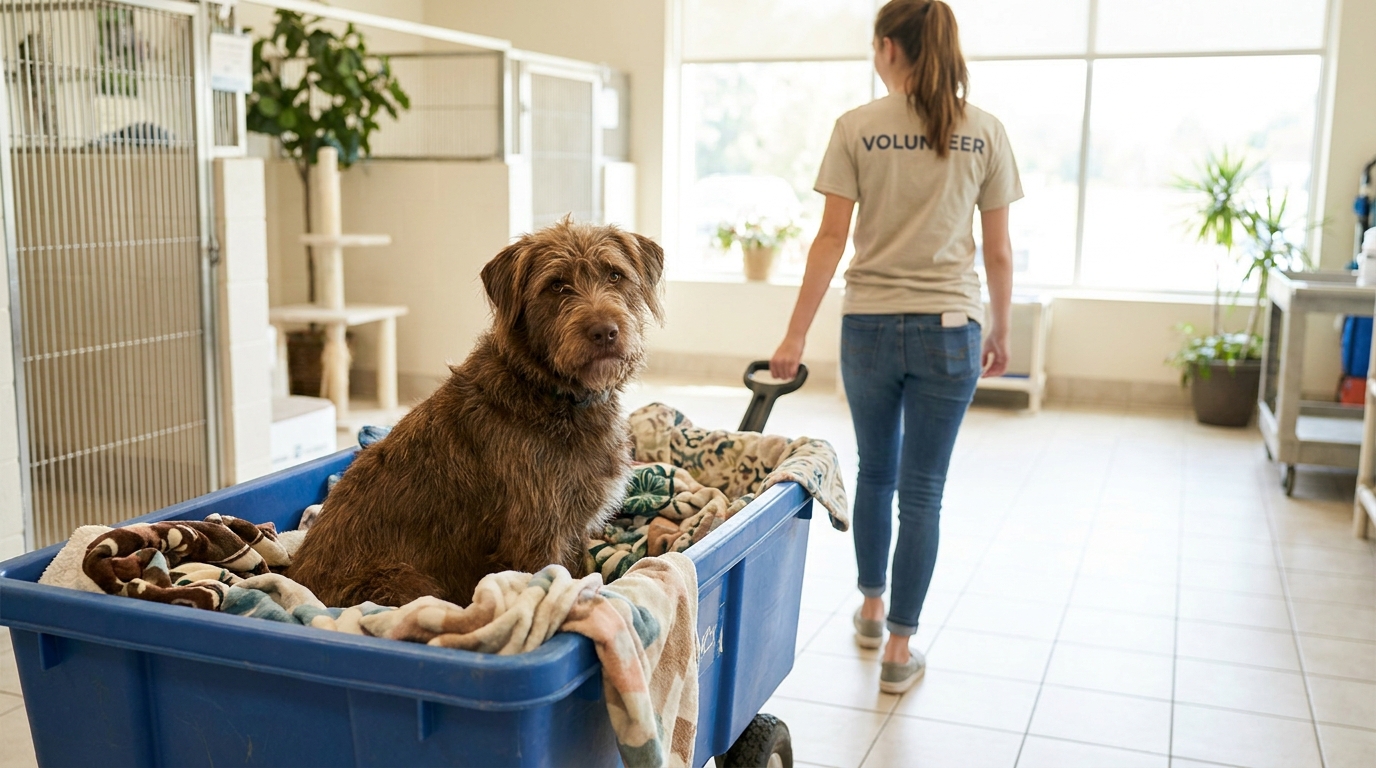 Un grand chien croisé est assis dans un chariot garni de couvertures, poussé par un bénévole dans le couloir d'un refuge pour animaux.