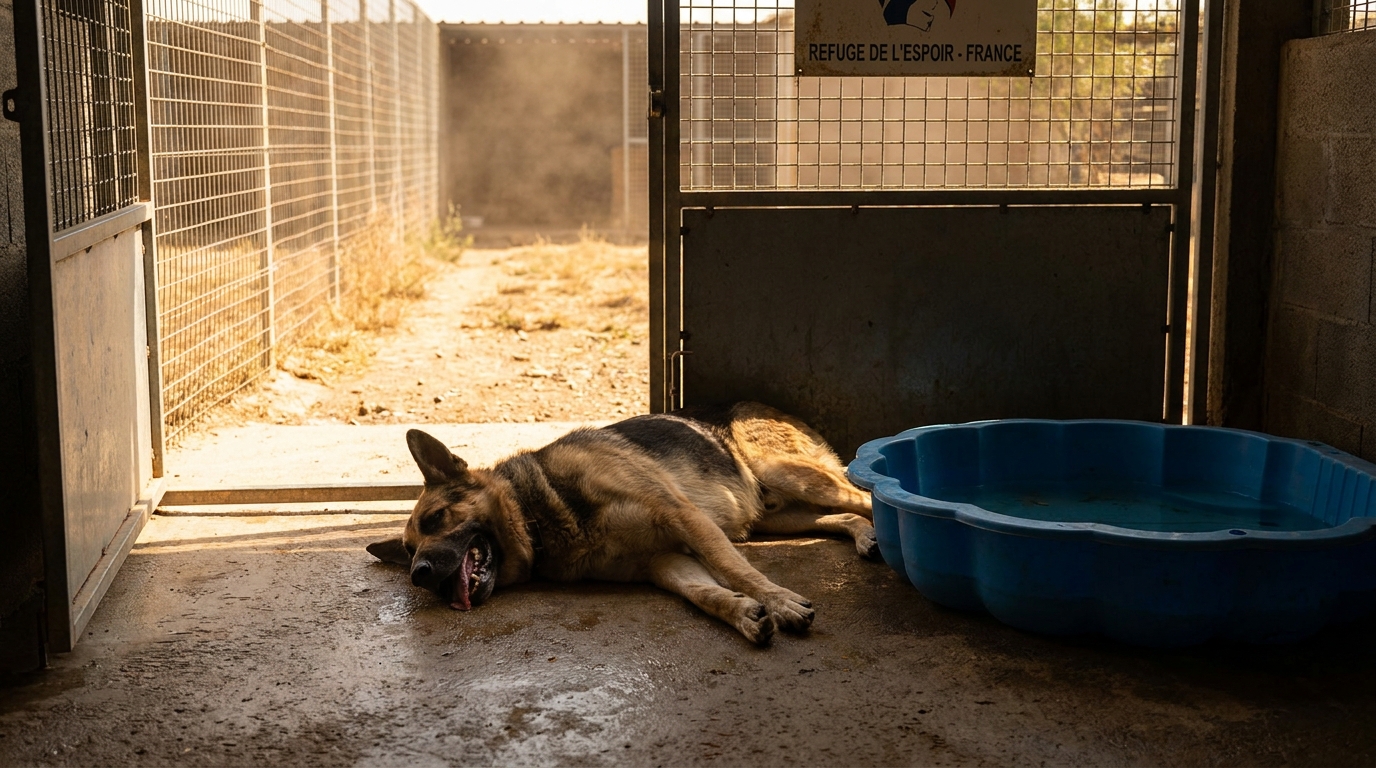 Un chien au regard triste est allongé sur le sol en béton de son box dans un refuge de la SPA, cherchant la fraîcheur pendant une canicule.