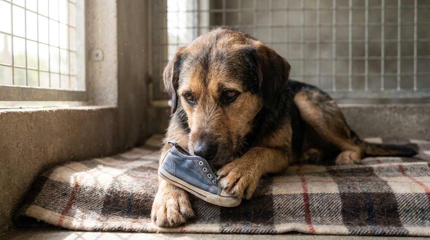 Un chien au regard triste couché dans son panier de refuge, tenant délicatement entre ses pattes une vieille chaussure de bébé usée.