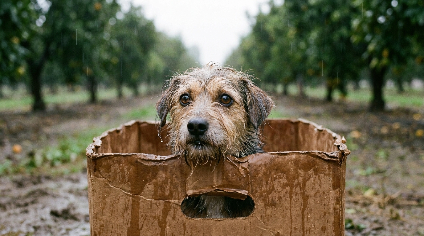 Un petit chien errant, trempé par la pluie, se cache dans une boîte en carton au milieu d'un verger avant son sauvetage.