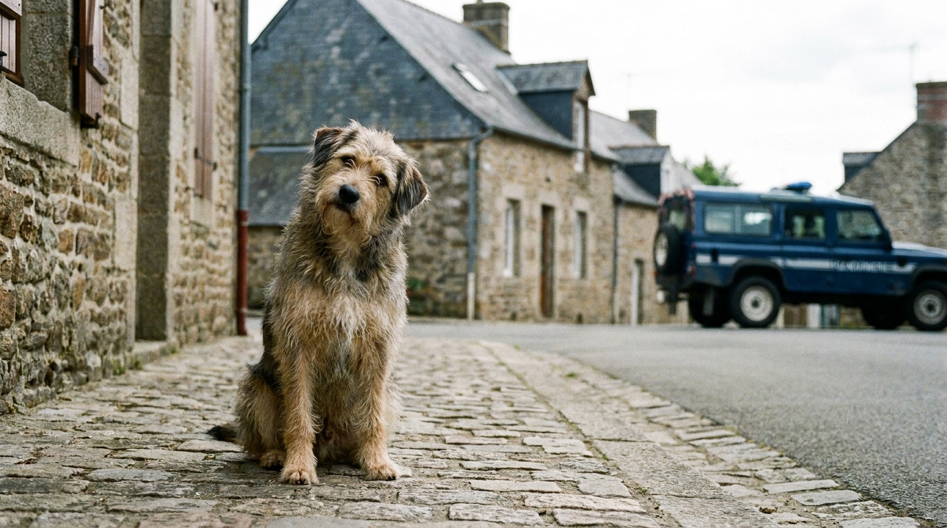 Un chien de race indéterminée assis sur un trottoir dans un village de Mayenne, l'air interrogateur après un incident.