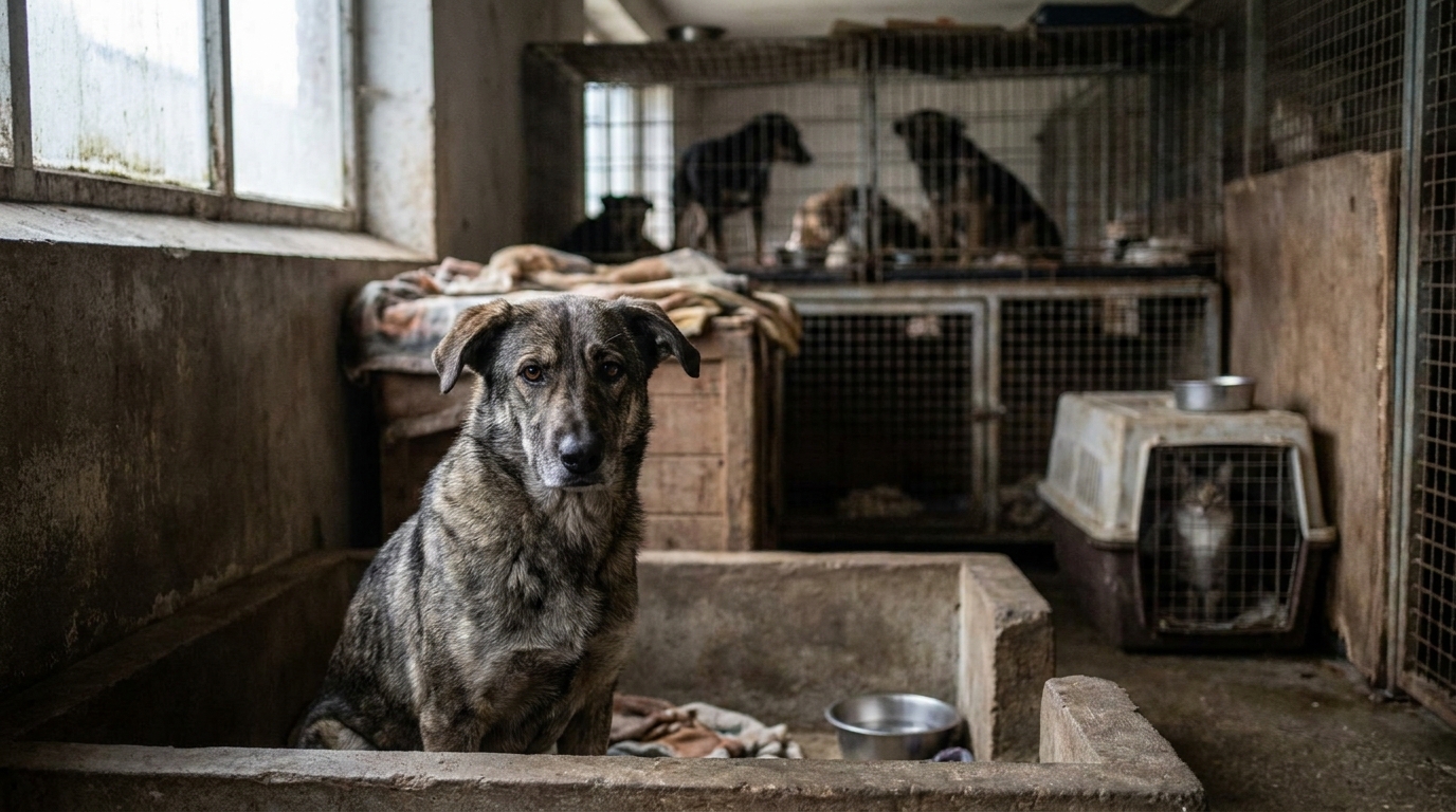 Un chien de type croisé, au regard mélancolique, regarde à travers les barreaux de son box dans un refuge saturé, symbolisant la crise.