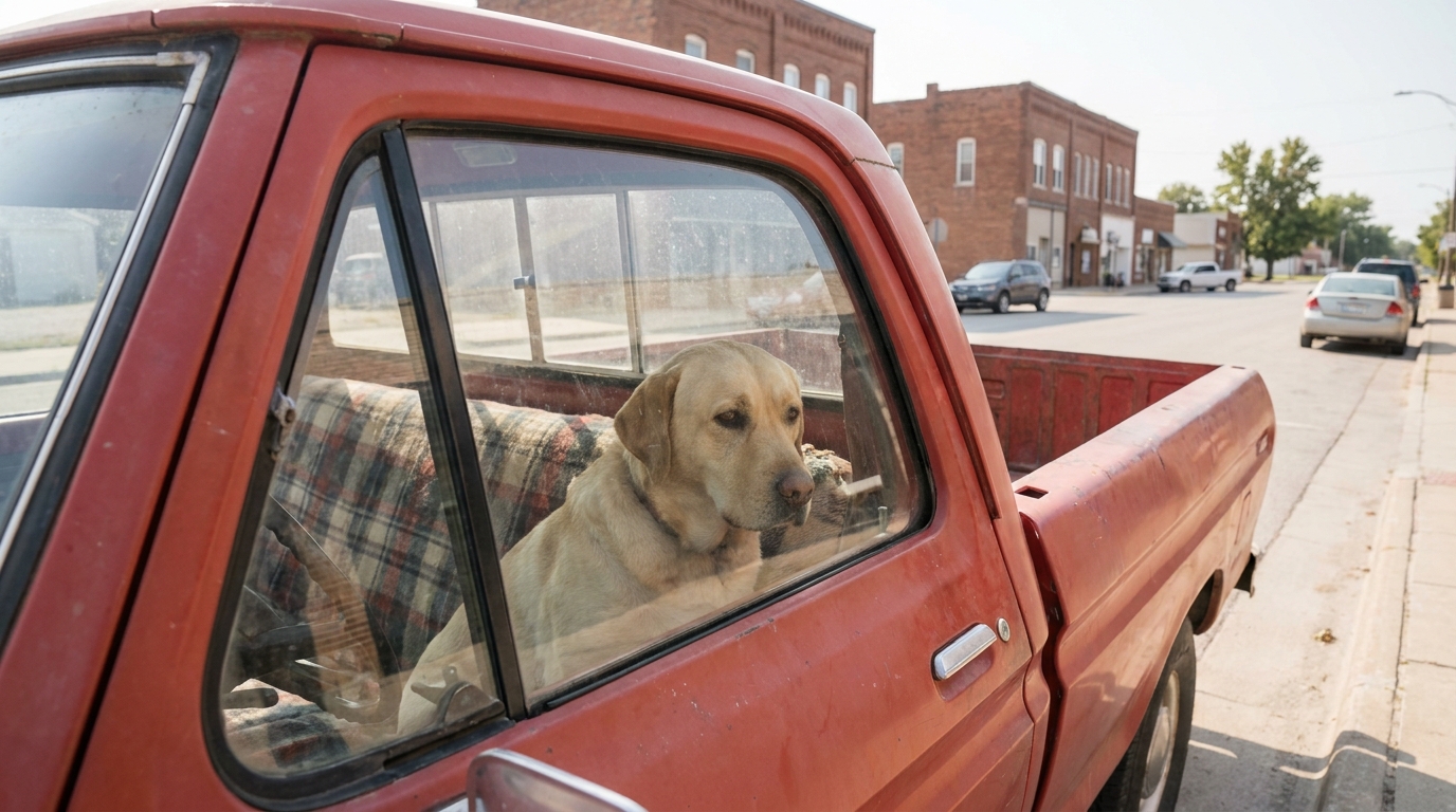 Un chien de type labrador regarde par la fenêtre ouverte d'un vieux pick-up américain garé dans une rue du Nebraska.