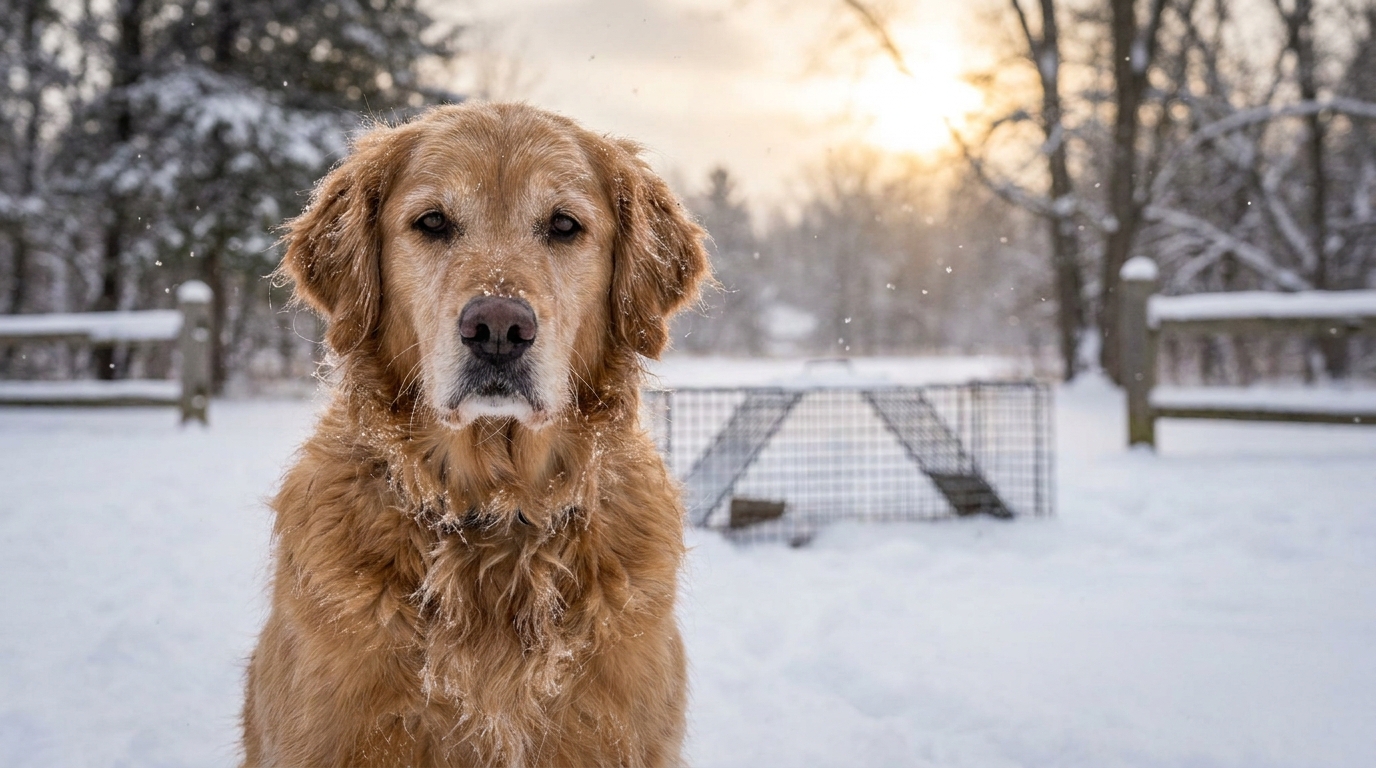 Un chien au regard ému et soulagé, blotti dans une couverture chaude après avoir été sauvé dans le Wisconsin.