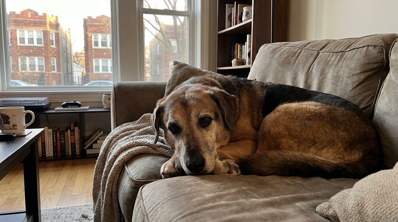 Un chien au regard doux et un peu triste, de retour dans un foyer chaleureux après une longue errance.