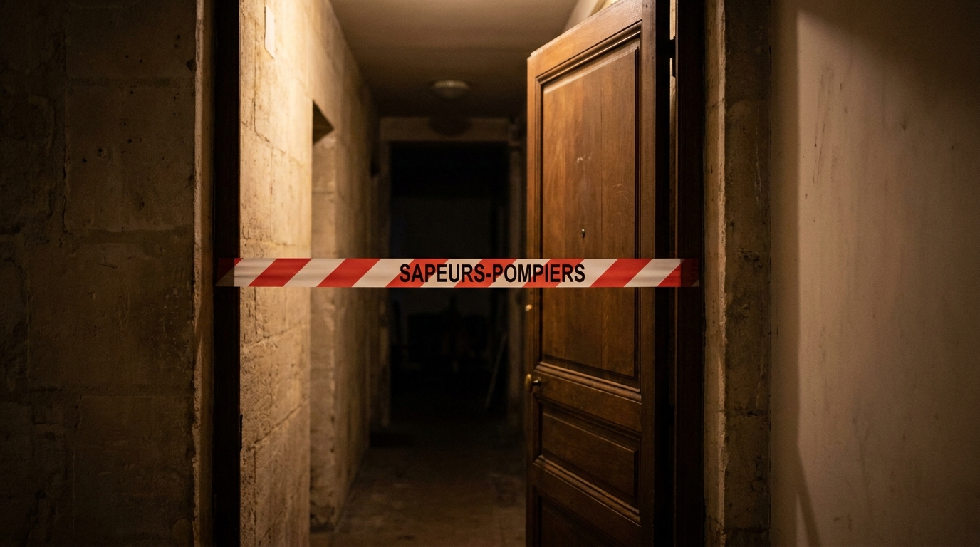 Porte d'un appartement entrouverte avec un ruban des sapeurs-pompiers, illustrant une intervention pour un drame animalier à Avignon.