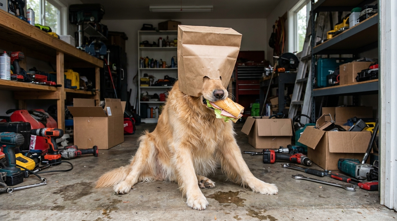 Un golden retriever penaud assis sur le sol d'un garage avec un sac en papier sur la tête, un sandwich dépassant de sa gueule.