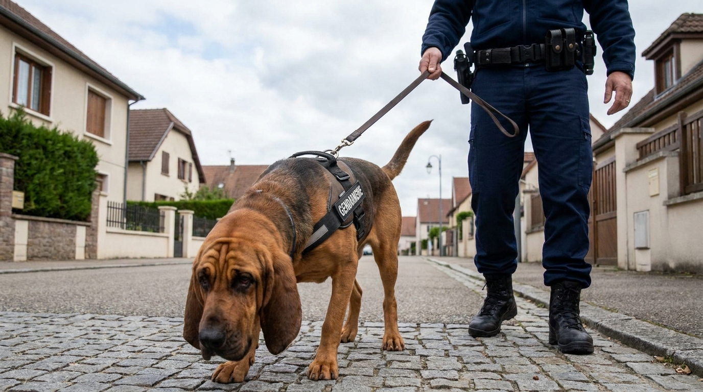 Un chien de race Saint-Hubert, tenu en laisse par un gendarme, le nez au sol, suivant une piste lors d'une recherche de personne disparue.