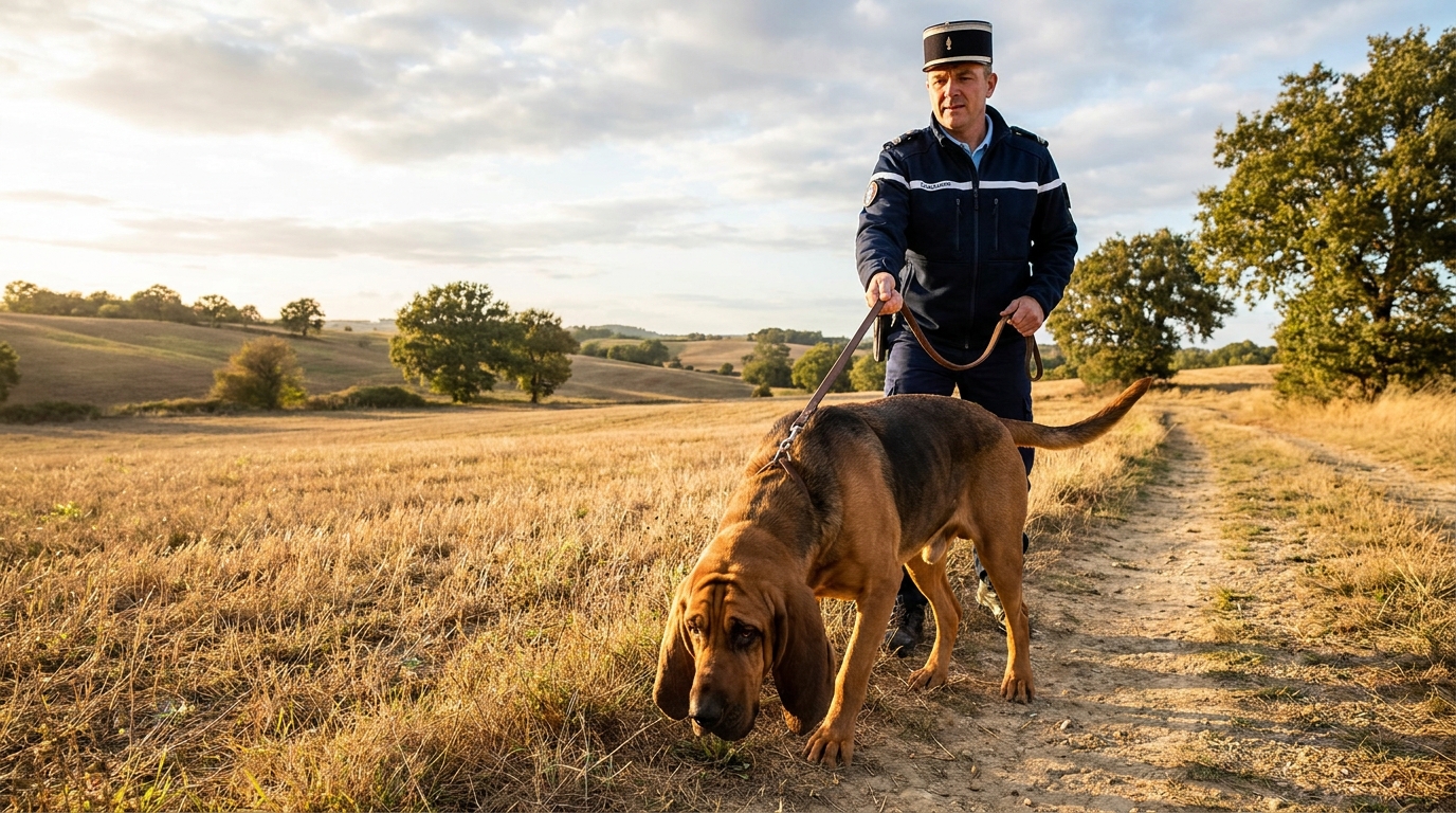Un chien de race Saint-Hubert, tenu en laisse par un gendarme français, la truffe au sol lors d'une mission de recherche de personne disparue.
