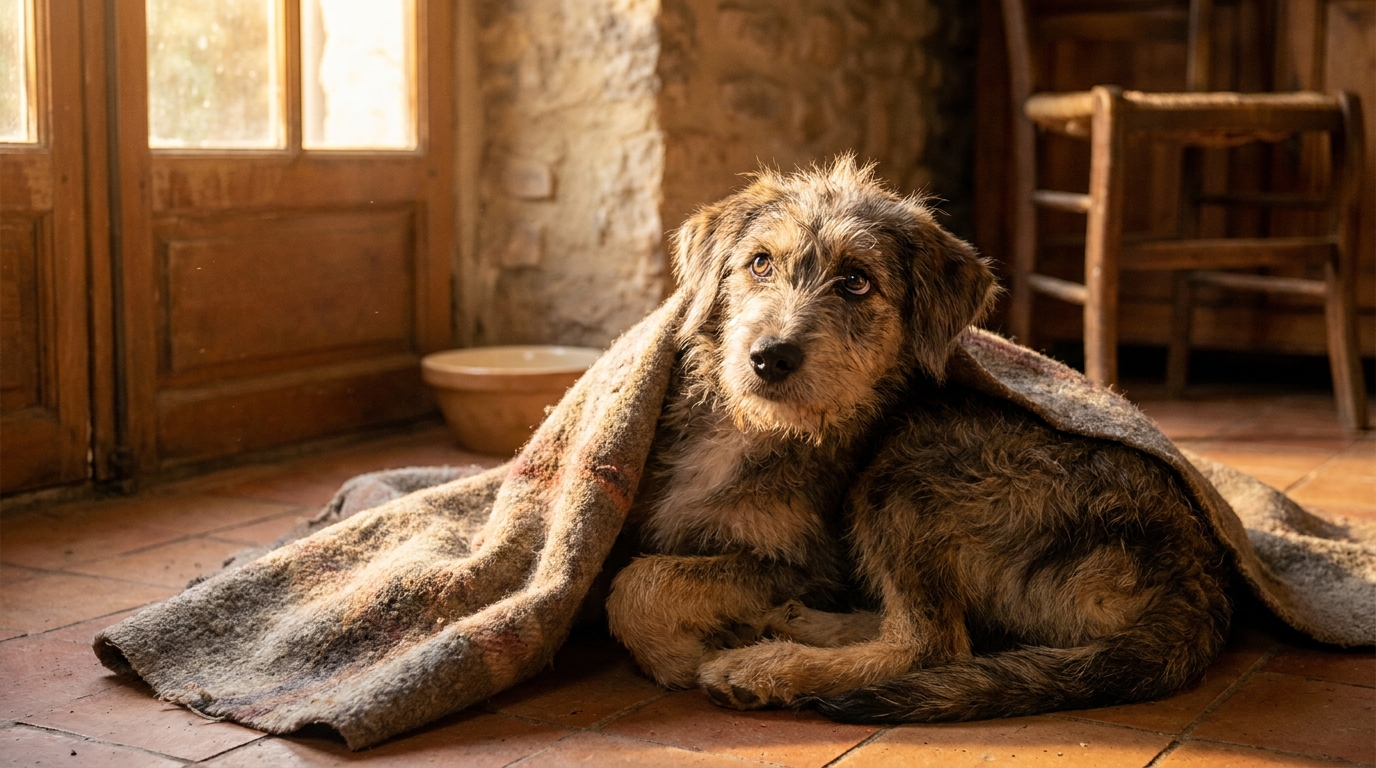 Un jeune chien au regard triste mais plein d'espoir, sauvé de la négligence, se repose dans un foyer chaleureux en France.