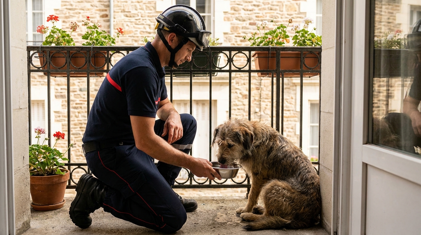 Un sapeur-pompier français donne de l'eau à un chien soulagé sur un balcon d'immeuble, après un sauvetage.
