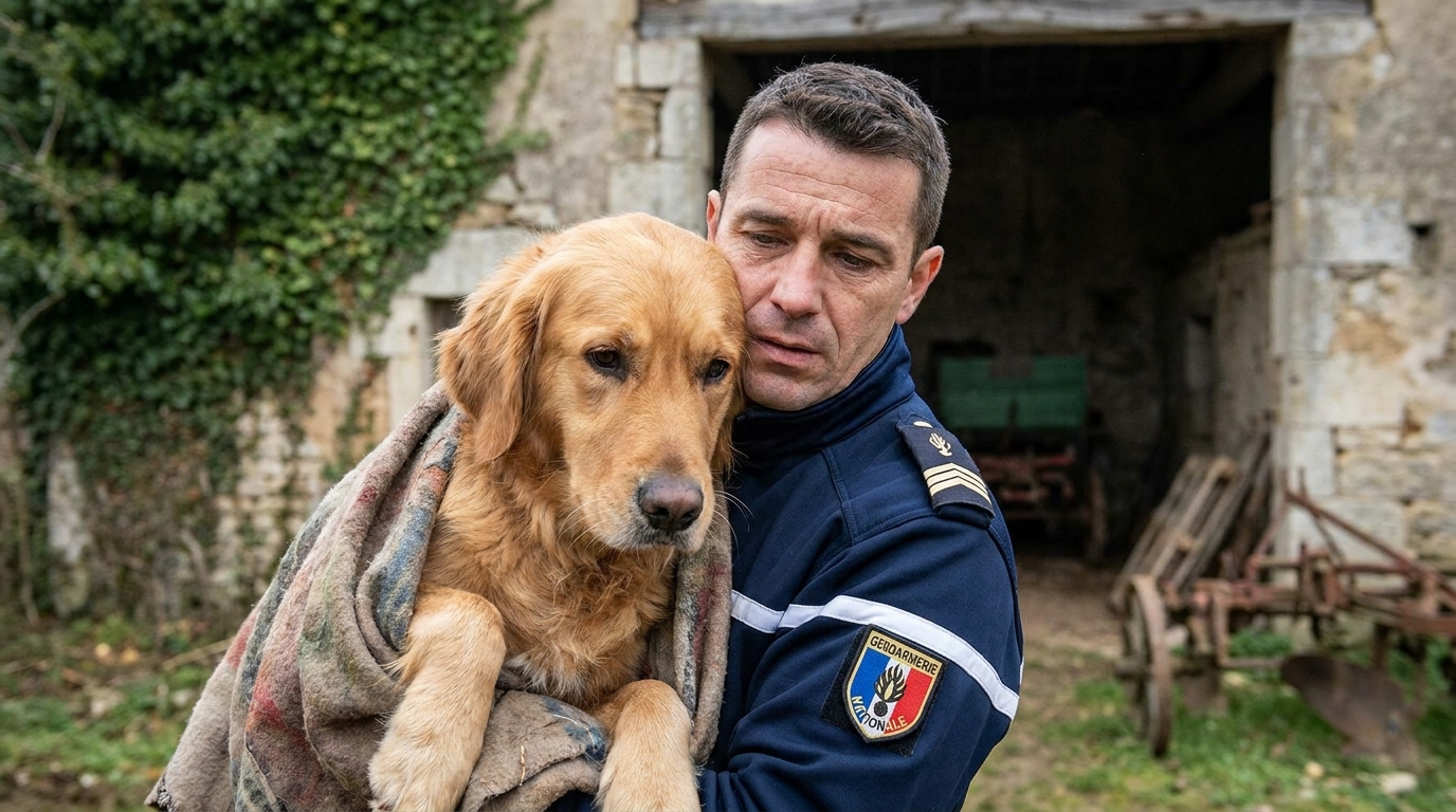 Un gendarme porte un chien Golden Retriever dans ses bras lors d'un sauvetage dans une ferme de l'Yonne.
