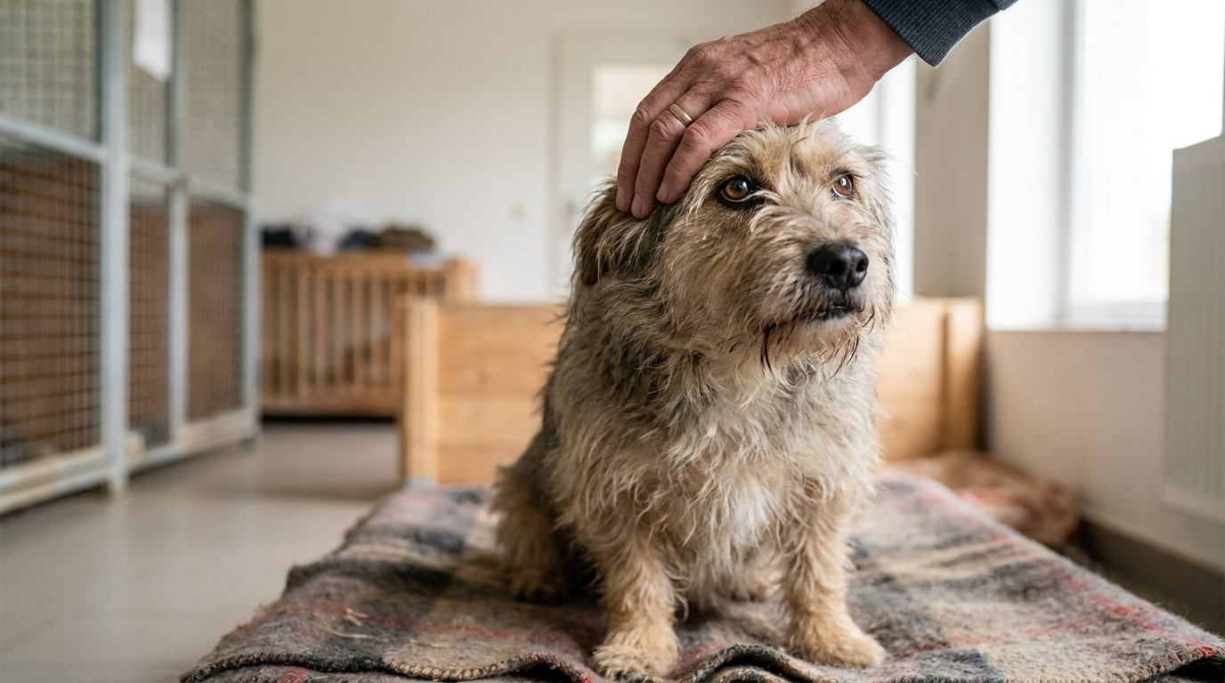 Un chien au regard triste mais plein d'espoir dans un refuge, après avoir été sauvé de la maltraitance par des passants à Bordeaux.