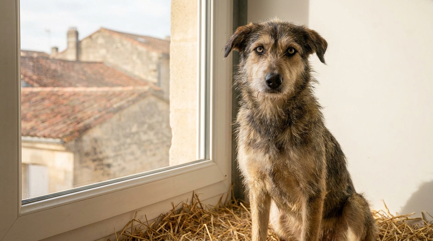 Un chien de type berger, maigre mais au regard doux, est assis dans un refuge après avoir été sauvé d'un cas de maltraitance.