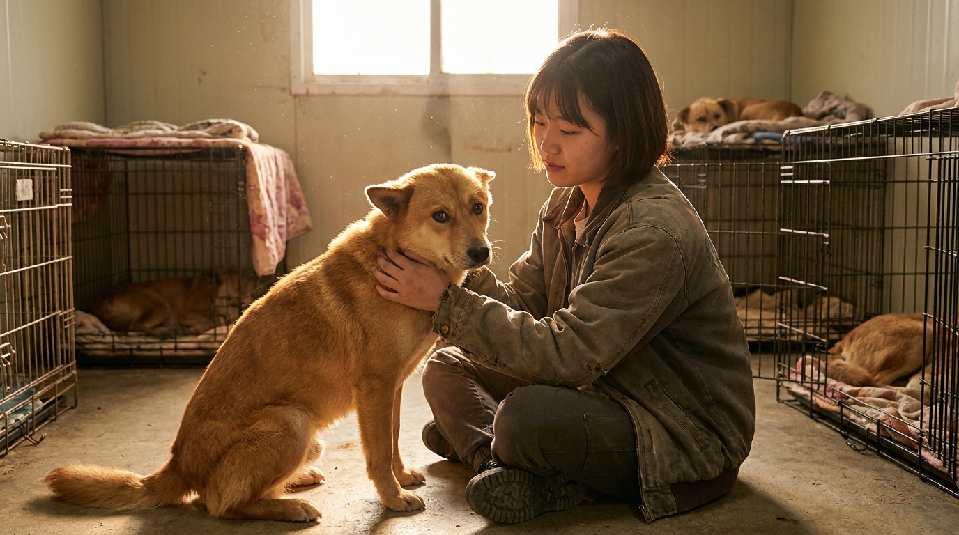 Un chien de type Jindo, sauvé d'un élevage pour sa viande en Corée du Sud, reçoit une caresse dans un refuge.