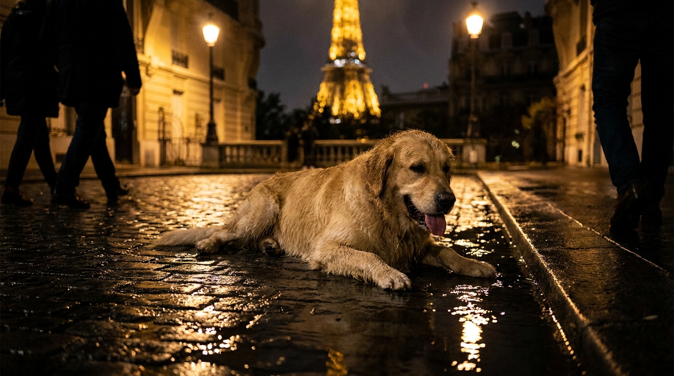 Un chien haletant allongé sur un trottoir parisien la nuit, après avoir été sorti d'une voiture en pleine canicule.