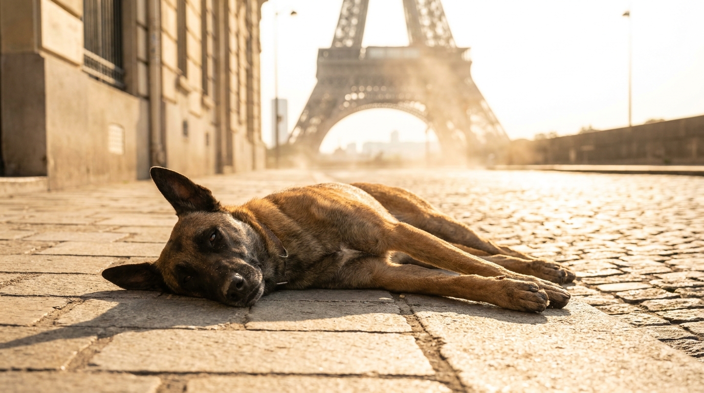 Un chien de sécurité de race Malinois est couché sur un trottoir parisien, l'air épuisé par la chaleur, avec la tour Eiffel en arrière-plan.