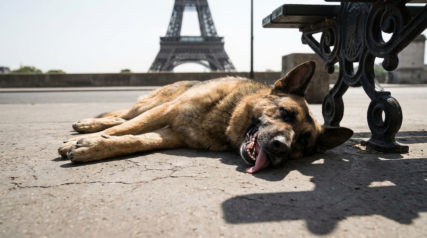 Un chien de type berger allemand haletant sur le sol en béton près de la tour Eiffel, visiblement en détresse à cause de la chaleur.