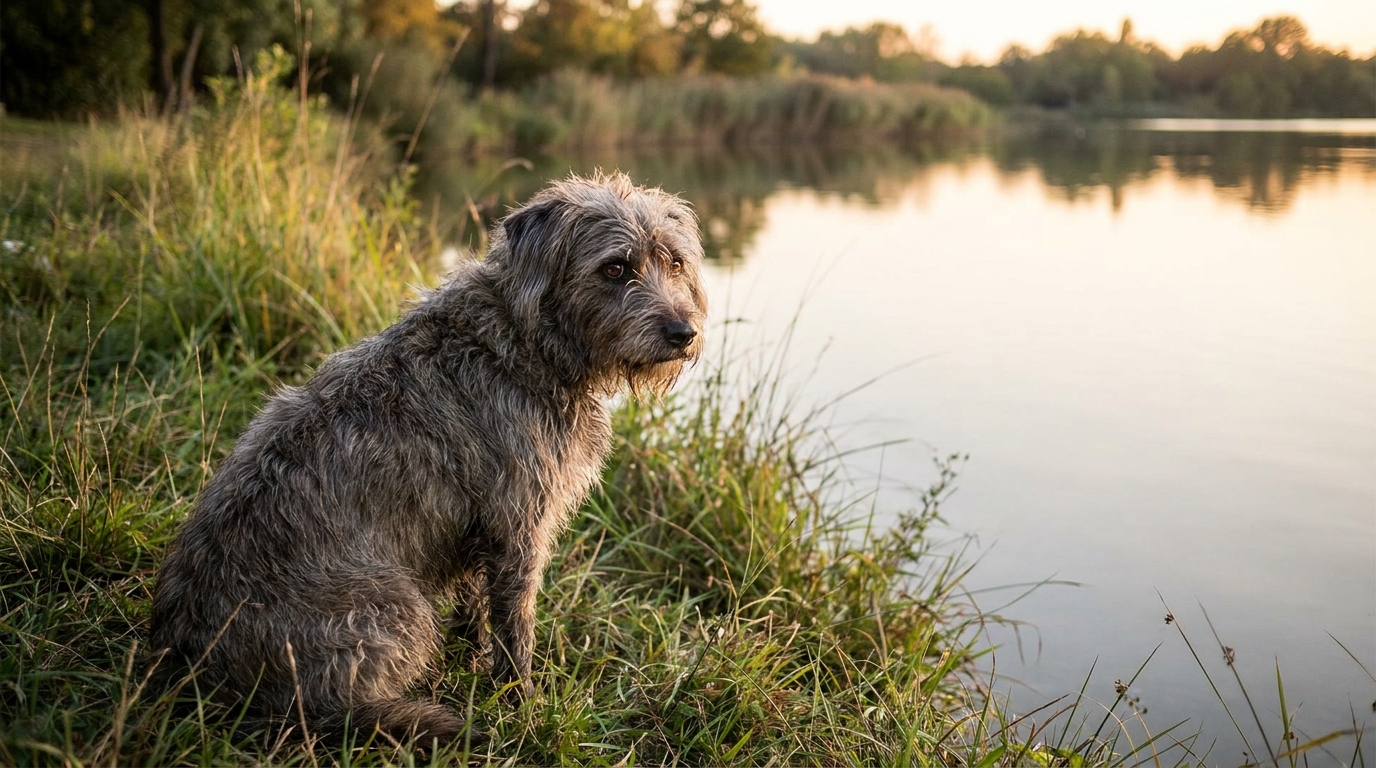 Un chien à l'air triste est assis au bord du lac de Bègles, en Gironde, symbolisant la perte et la loyauté animale.