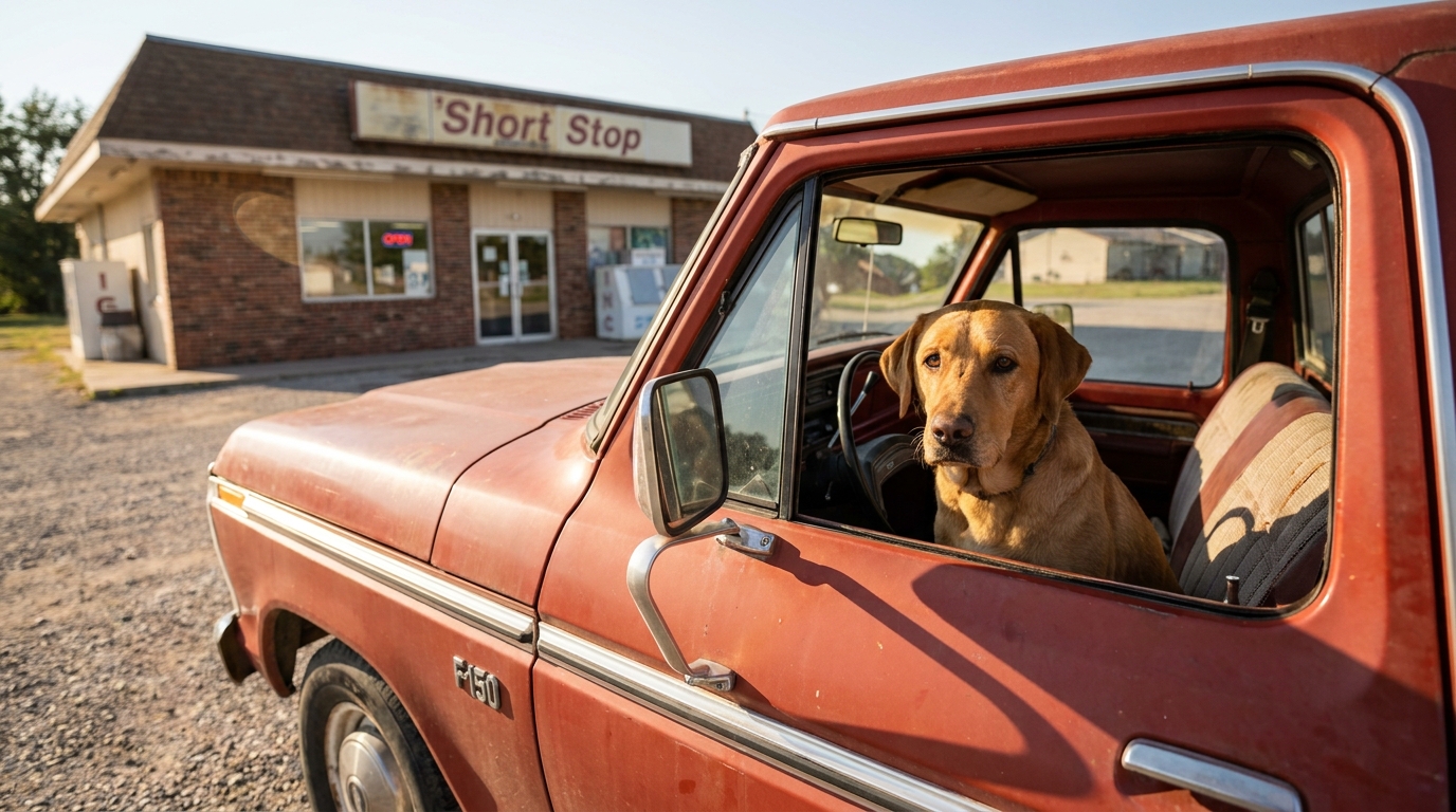 Un chien de race mixte regarde par la fenêtre d'un pick-up américain garé sur le parking d'une supérette.