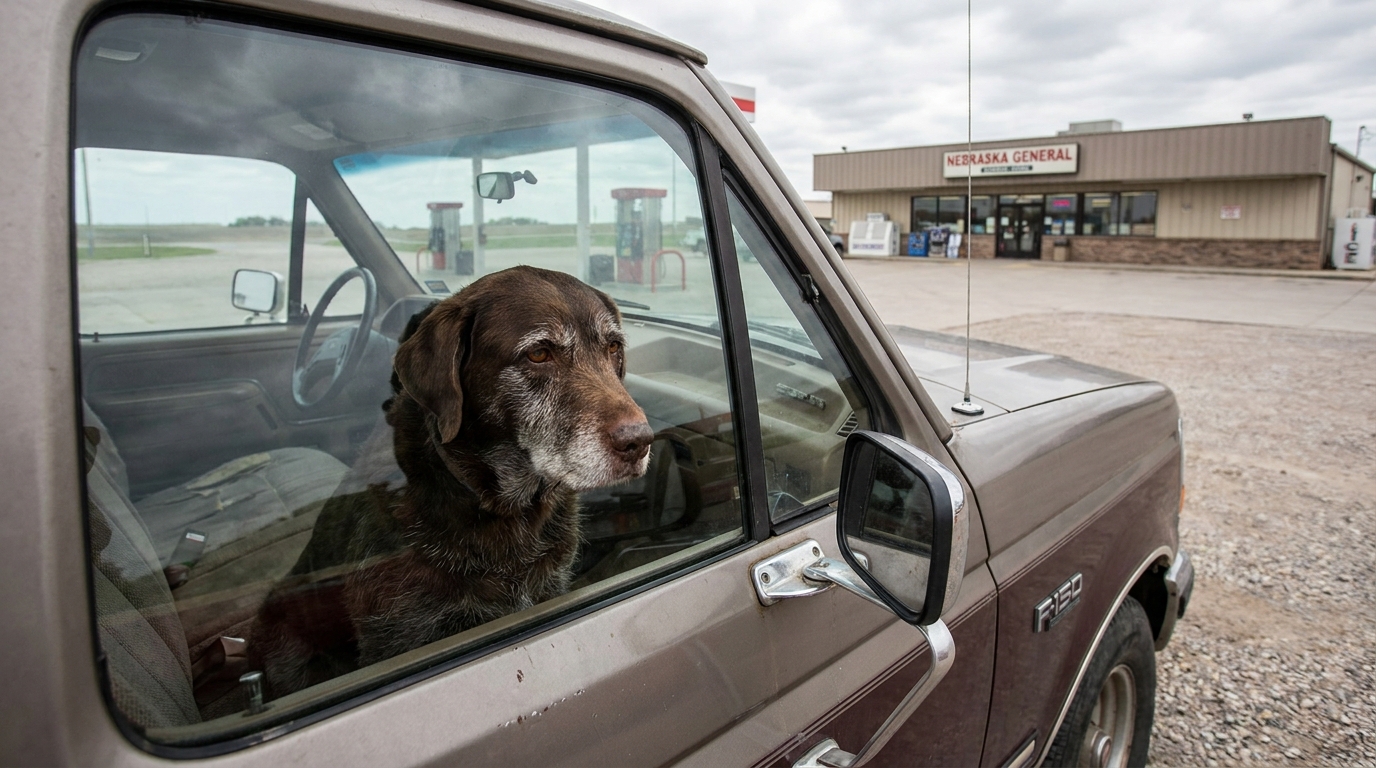 Un chien de race mixte est assis sur le siège passager d'un pick-up américain et regarde pensivement par la fenêtre ouverte.