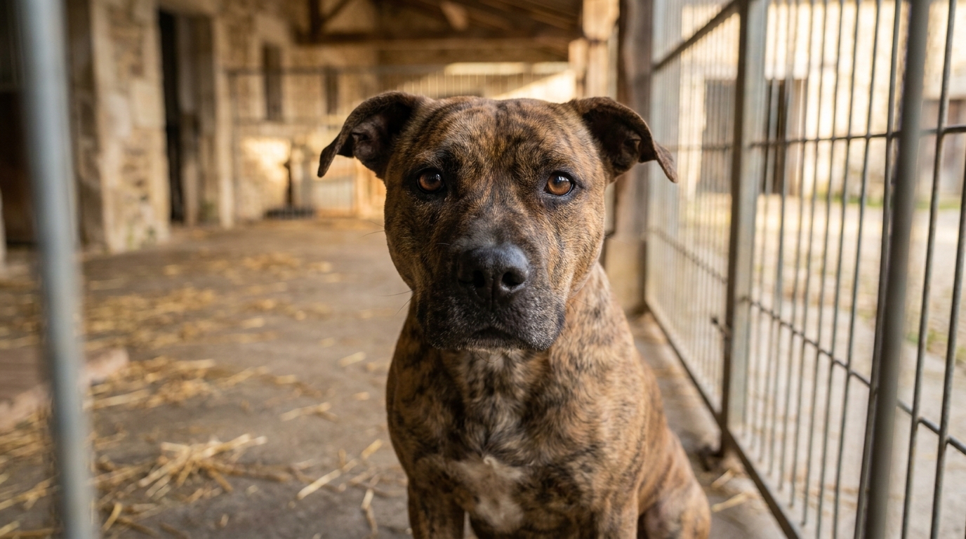 Un chien croisé Staffordshire Terrier au regard doux et expressif, assis dans son box de refuge, attendant une famille en Lorraine.