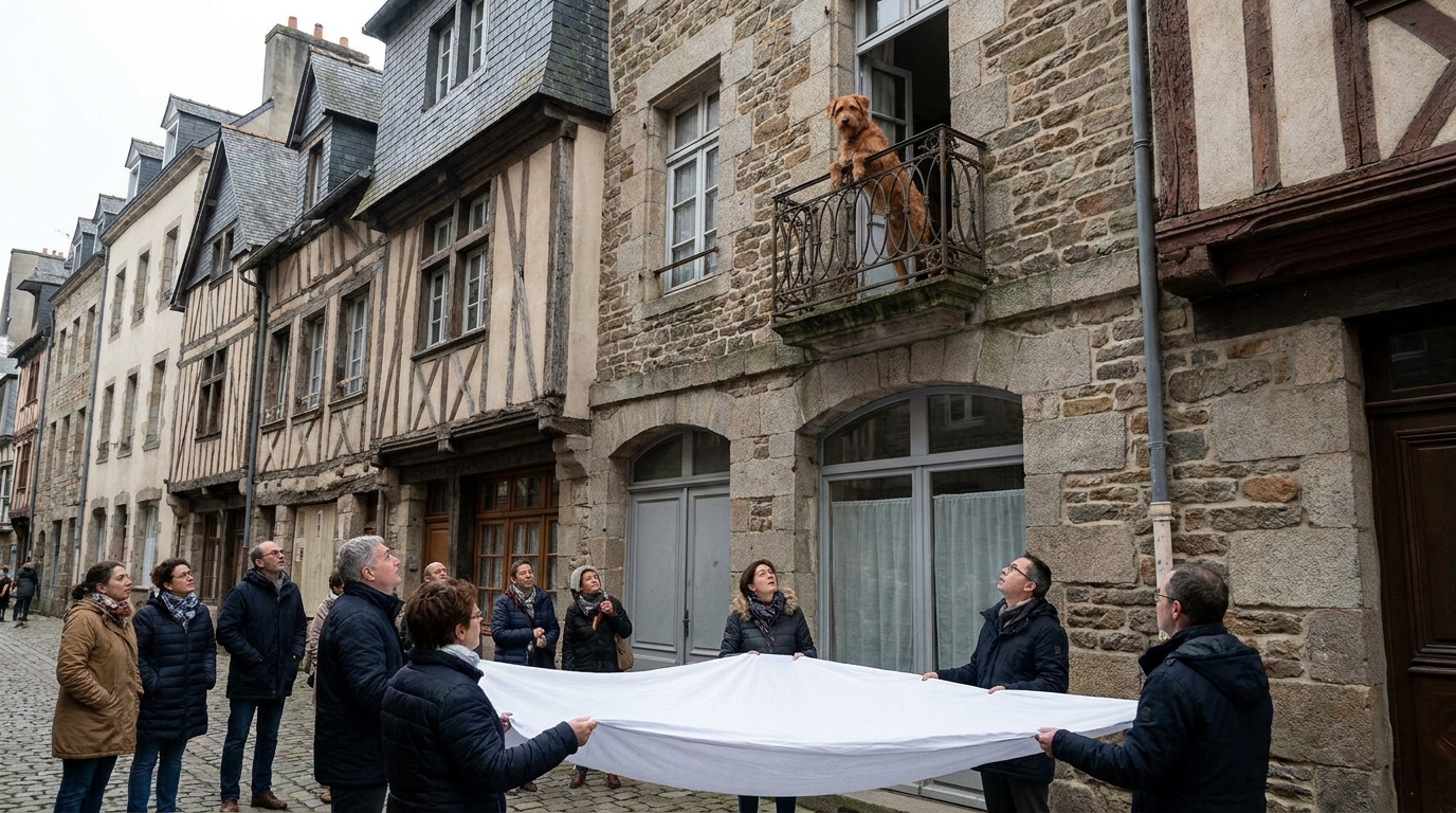 Un chien roux en mauvaise posture sur le rebord d'une fenêtre au troisième étage, regardant le vide sous lui, dans une rue de Rennes.
