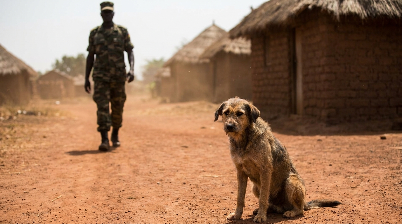 Un chien au regard triste assis dans une rue de village en Afrique centrale, symbolisant une perte tragique et une injustice.