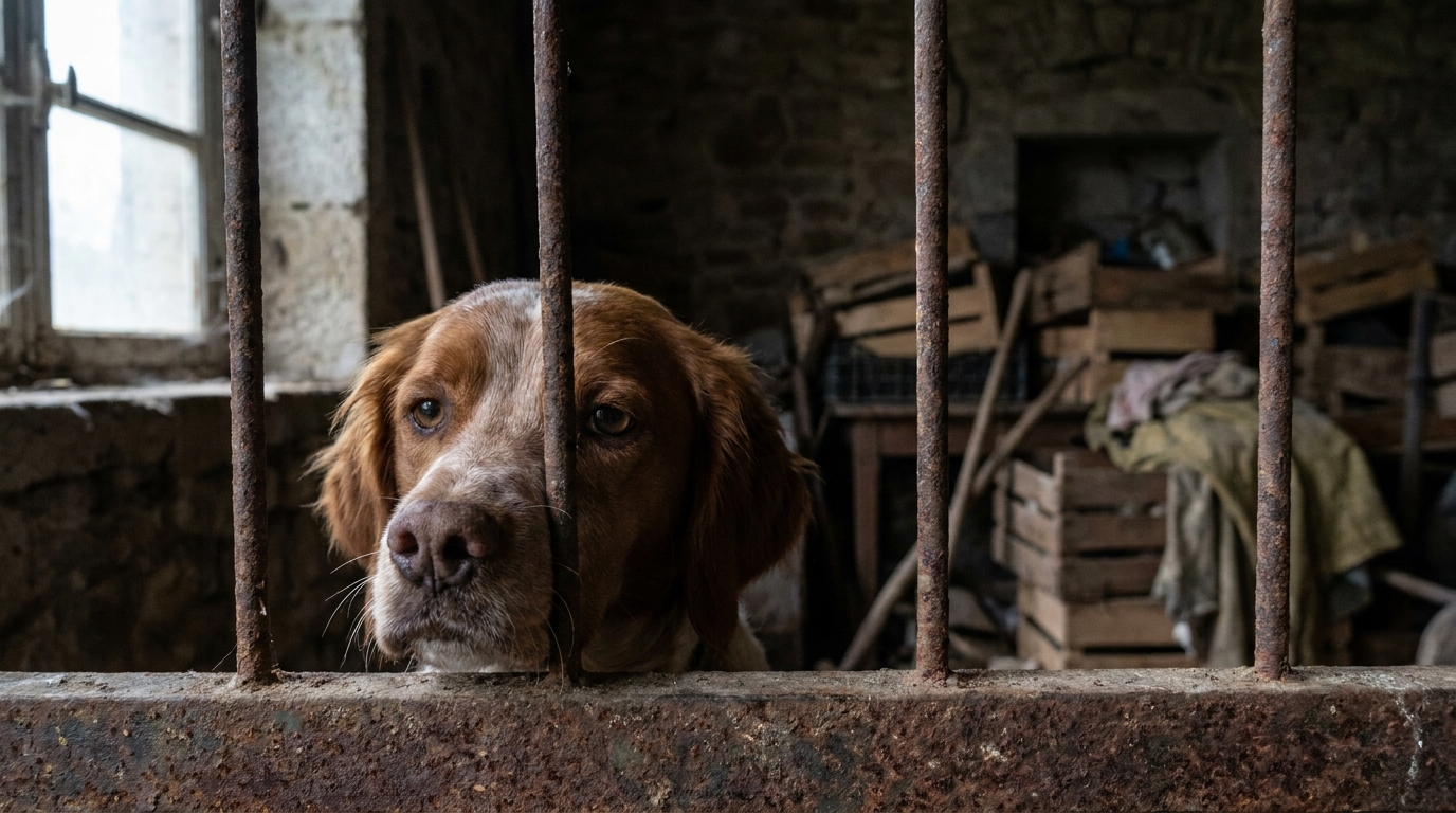 Un chien au regard suppliant regarde à travers les barreaux d'une cage, illustrant la détresse d'un animal victime de maltraitance.