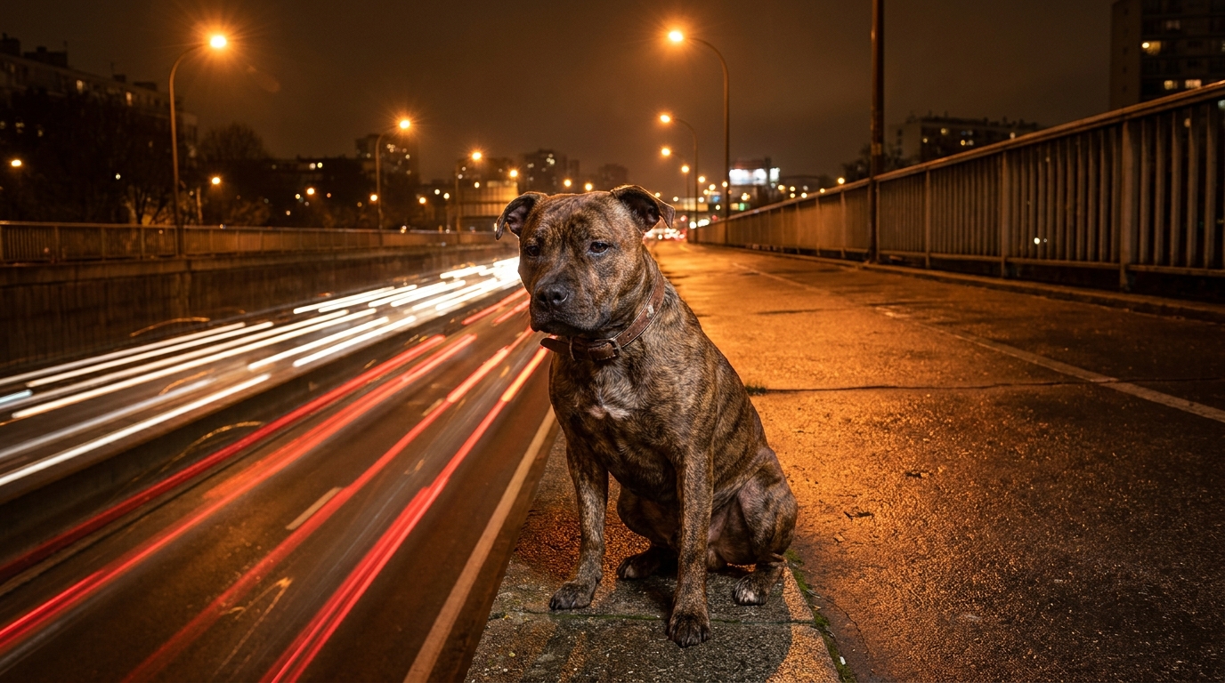 Un chien de type staff, seul et triste sur un pont d'autoroute au crépuscule, symbolisant la cruauté et l'abandon animal.