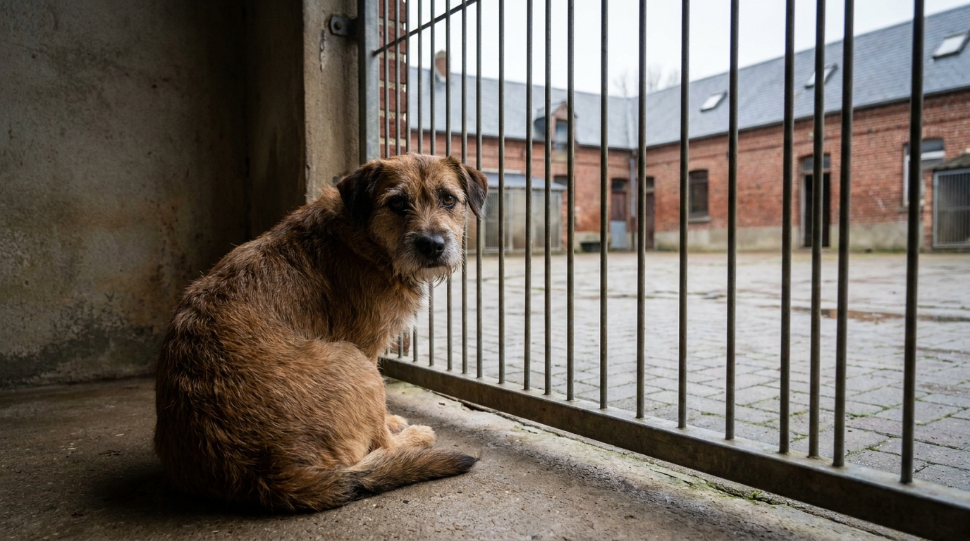 Un chien au regard triste est assis derrière les barreaux de son box dans un refuge de la SPA, espérant une nouvelle famille.