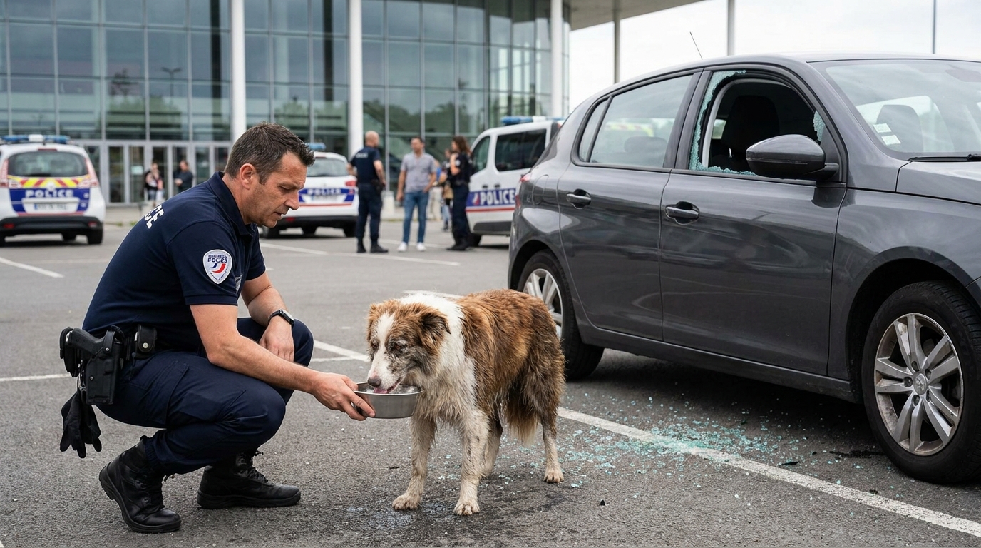 Un policier français donne de l'eau à un chien haletant à côté d'une voiture dont la vitre a été brisée, sur un parking ensoleillé.
