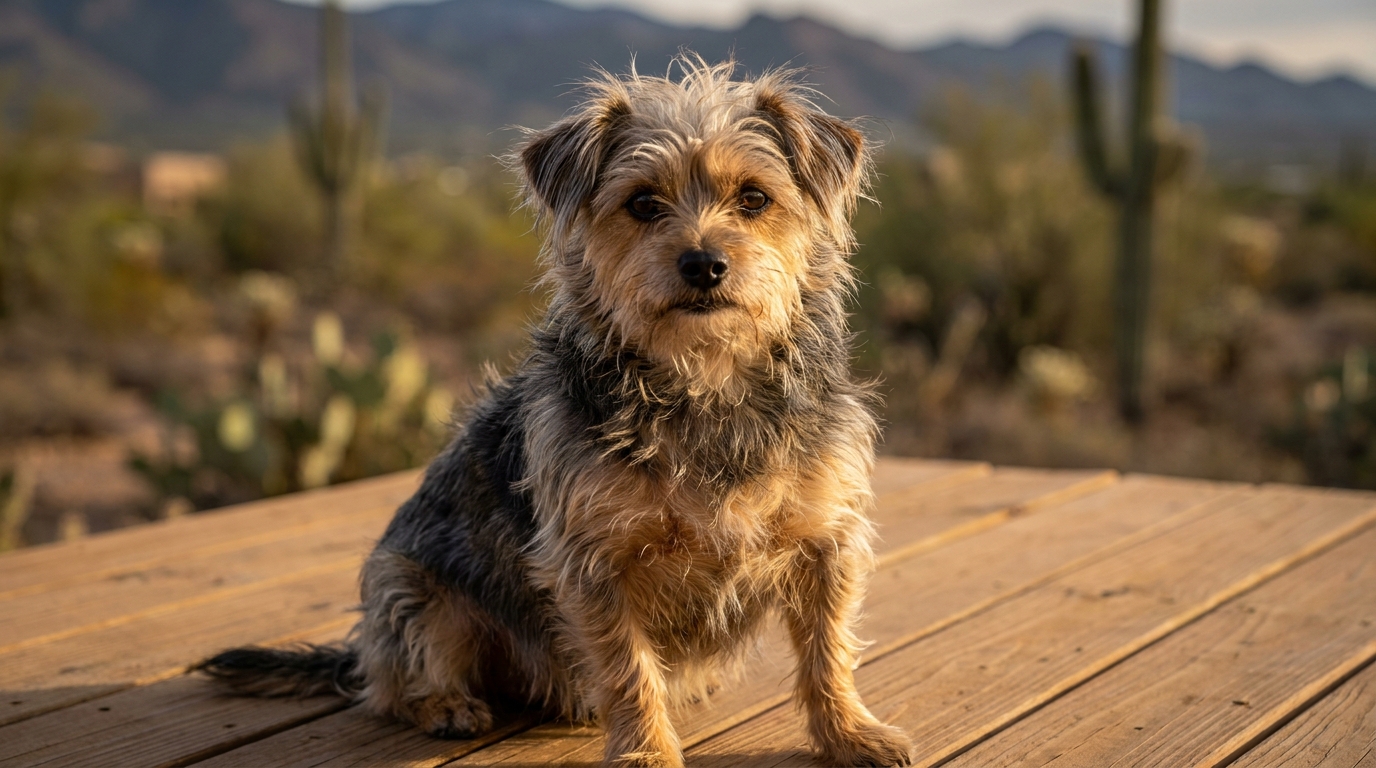 Un chien au physique surprenant, très musclé du haut du corps, assis et regardant l'objectif avec intensité.