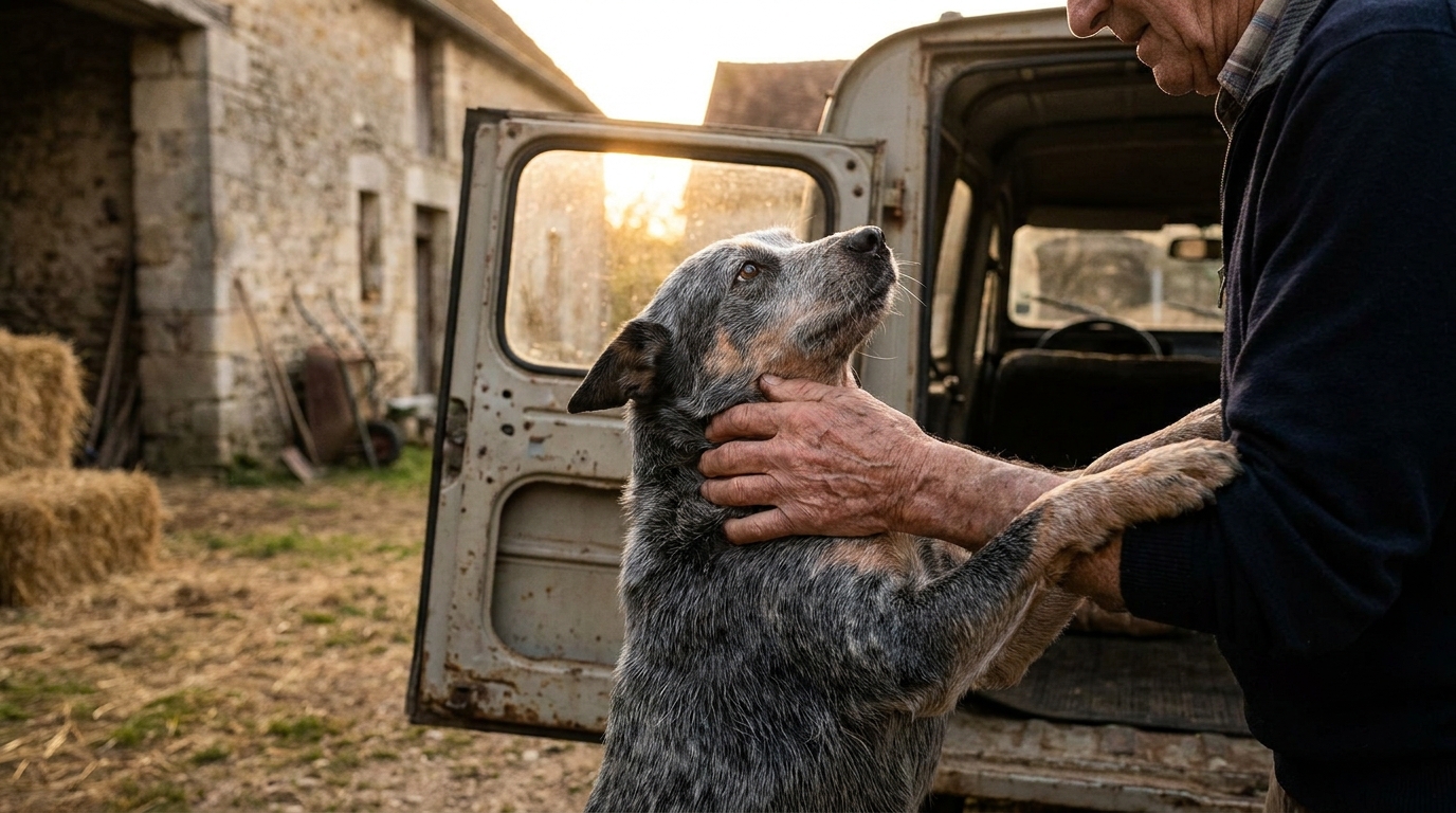 Un homme aide tendrement sa vieille chienne Bouvier Australien à monter dans sa camionnette, illustrant leur lien indestructible.