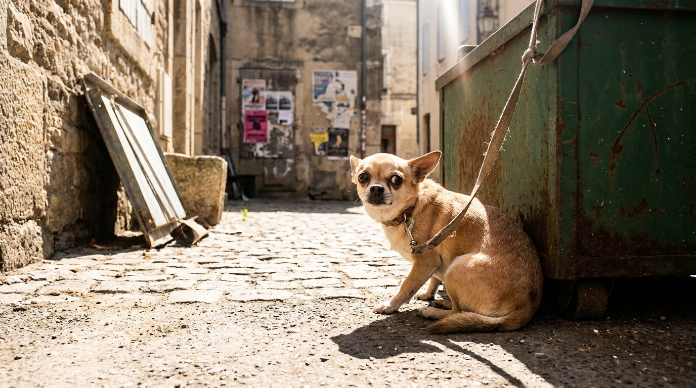 Une petite chienne de type chihuahua, l'air triste et perdu, assise à l'ombre près d'une poubelle dans une rue en France lors d'une chaude journée d'été.