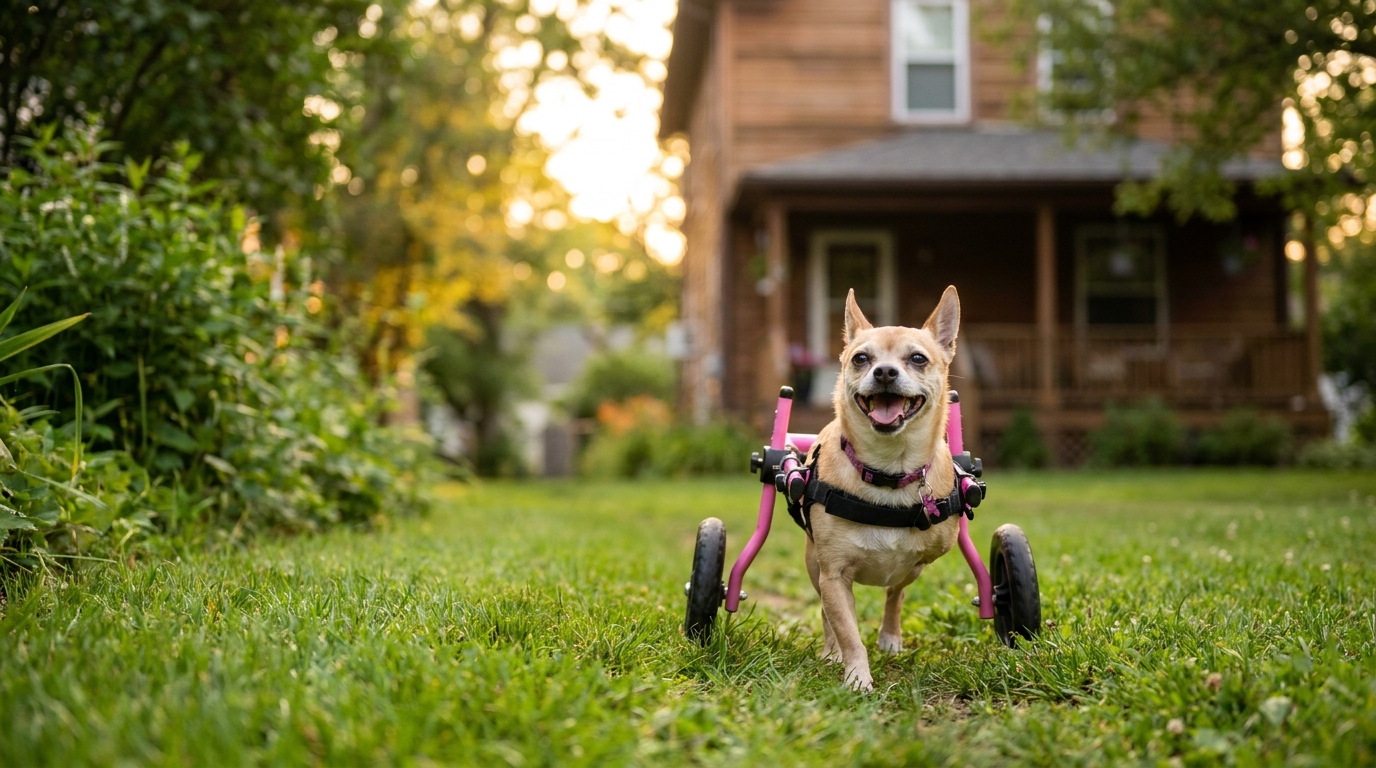 Une petite chienne croisée Chihuahua, née sans pattes avant, regarde joyeusement la caméra, installée dans son petit chariot rose.
