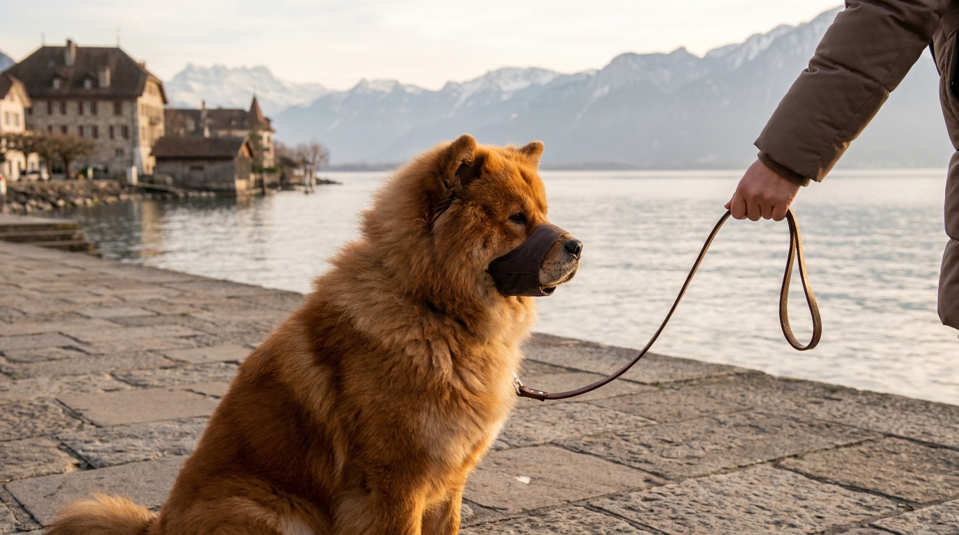Une chienne de race Chow-Chow, calme et pensive, assise dans un parc suisse, symbolisant sa rééducation et sa seconde chance.