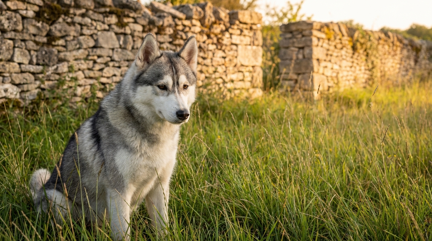 Une chienne husky au regard doux est assise dans un jardin, symbolisant la survie miraculeuse d'Athene après avoir été la cible de tirs.