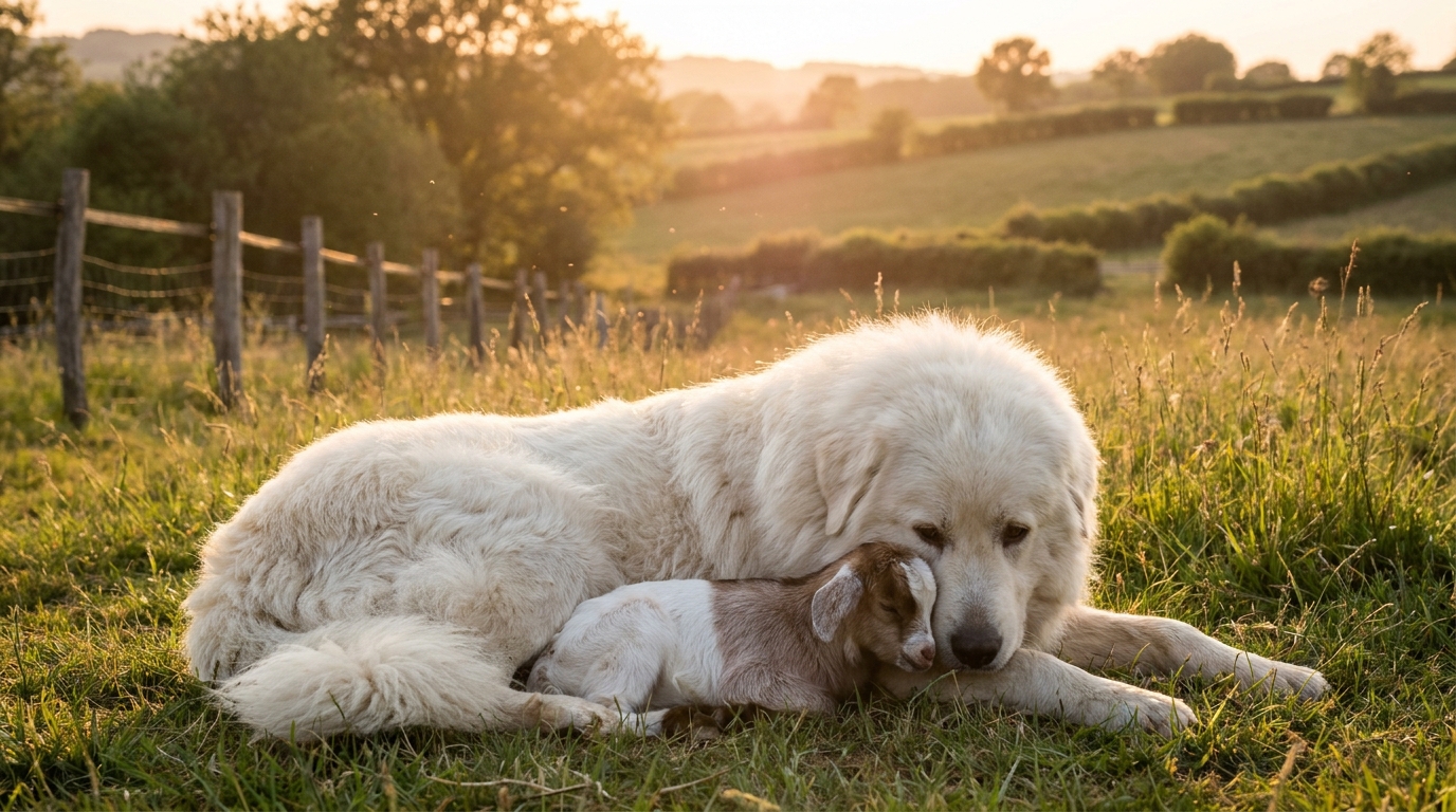 Une grande chienne blanche de montagne des Pyrénées lèche tendrement la tête d'un petit chevreau couché à côté d'elle dans l'herbe.