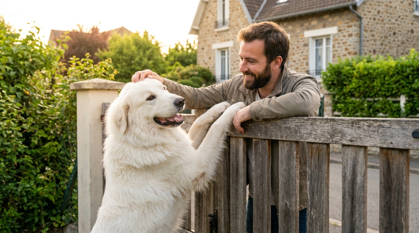 Une grande chienne blanche de race Montagne des Pyrénées se dresse sur ses pattes arrière contre une clôture en bois pour saluer son voisin.