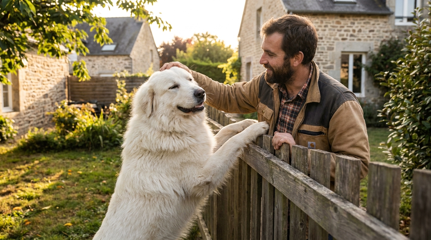 Une grande chienne blanche de race Montagne des Pyrénées, debout sur ses pattes arrière, regarde par-dessus une clôture en bois.