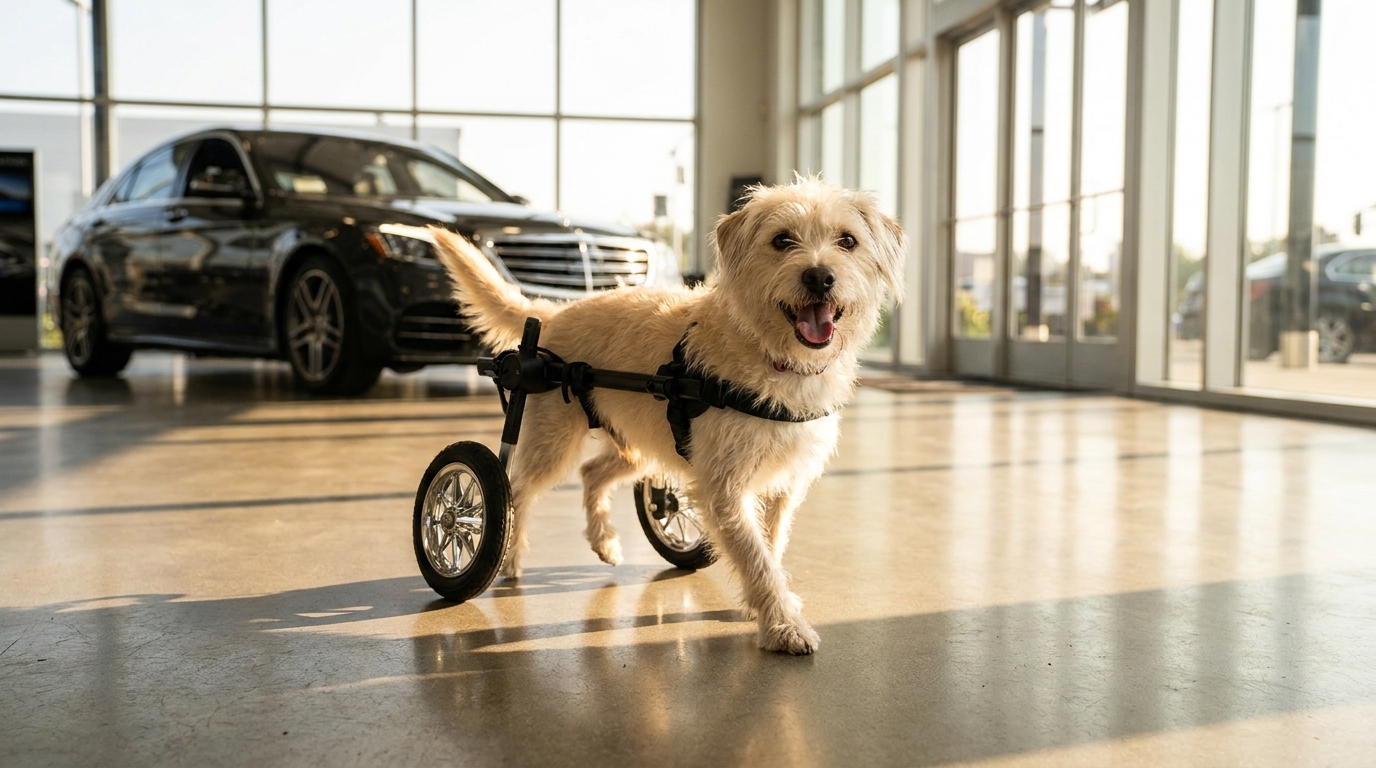 Une petite chienne métisse au regard joyeux trottine dans un hall de concession automobile grâce à un fauteuil roulant personnalisé.