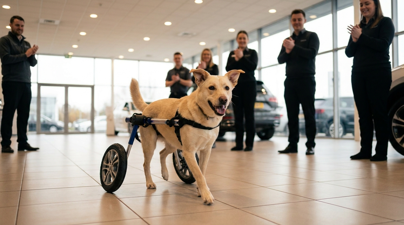 Bunny, une chienne au pelage clair, trotte joyeusement dans une concession automobile grâce à son nouveau fauteuil roulant personnalisé.