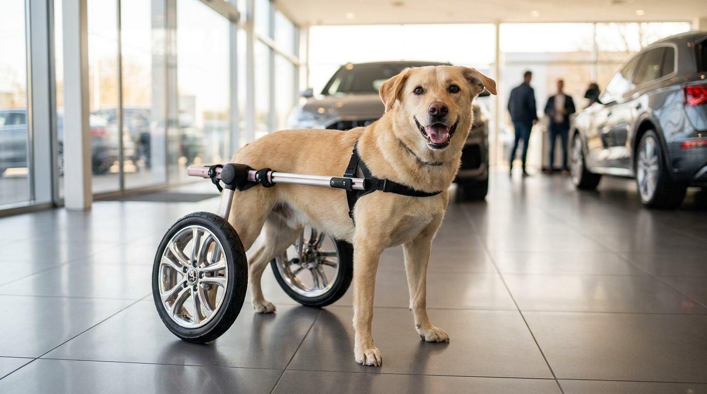 Bunny, une chienne au pelage clair, trotte joyeusement dans son fauteuil roulant sur mesure offert par Mercedes-Benz.