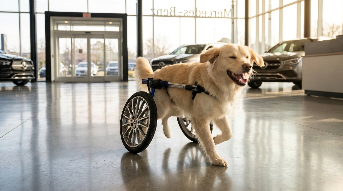 Bunny, une adorable chienne métisse, trottine joyeusement dans une concession automobile grâce à son fauteuil roulant.